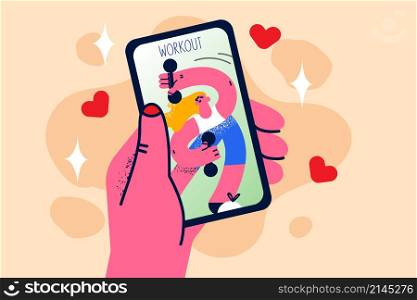 Close up of woman hold smartphone train online with web class on device. Female do sports have training or workout on cellphone. Webcam call with trainer or coach. Flat vector illustration. . Woman train online on smartphone with app