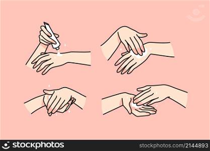 Close up set of woman hands apply cream or lotion from bottle. Collection of girl put use balm on body. Skincare and hygiene concept. Beauty and cosmetics. Flat vector illustration. . Set of woman hands apply cream