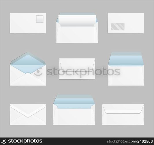 Closed and open envelopes set. Letter paper, mail and message, vector illustration. Closed and open envelopes vector set
