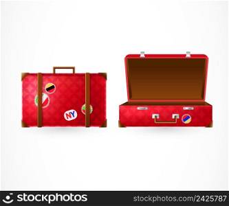 Closed and open suitcases. Journey design element. For banners, posters, leaflets and brochures.