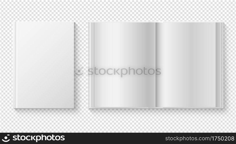 Closed and opened book. White cover template, library reading. Realistic white paper sheets diary or planner vector mockup. Cover textbook, brochure paperback book illustration. Closed and opened book. White cover template, library reading. Realistic white paper sheets diary or planner vector mockup