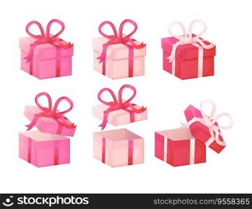 Closed and opened pink and red boxes set with red, white ribbon bows. Illustration isolated on white background in realistic cartoon style.. Closed and opened pink and red boxes set with red, white ribbon bows.