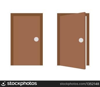 Closed and opened wooden door illustration, vector icon in flat color.