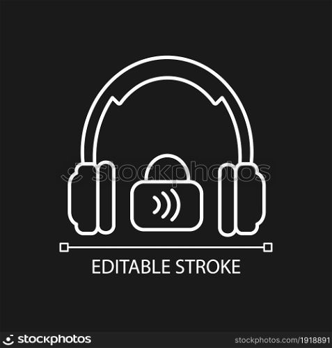 Closed back headphones white linear icon for dark theme. Over ear headset for music making, gaming. Thin line customizable illustration. Isolated vector contour symbol for night mode. Editable stroke. Closed back headphones white linear icon for dark theme
