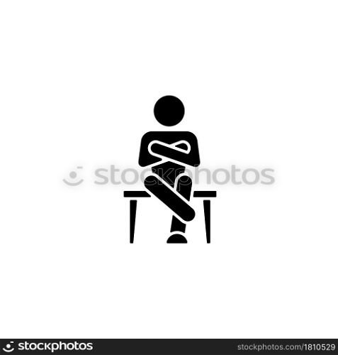 Closed body language black glyph icon. Crossed legs, arms. Showing discomfort. Person with closed personality. Non-verbal communication. Silhouette symbol on white space. Vector isolated illustration. Closed body language black glyph icon