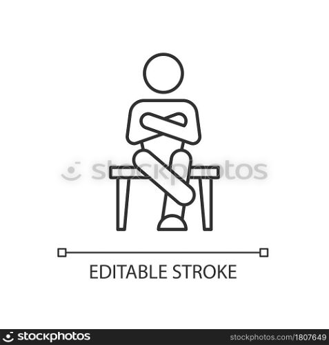 Closed body language linear icon. Crossed legs, arms. Showing discomfort. Nonverbal communication. Thin line customizable illustration. Contour symbol. Vector isolated outline drawing. Editable stroke. Closed body language linear icon
