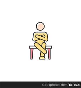 Closed body language RGB color icon. Crossed legs, arms. Showing discomfort. Person with closed personality. Non-verbal communication. Isolated vector illustration. Simple filled line drawing. Closed body language RGB color icon