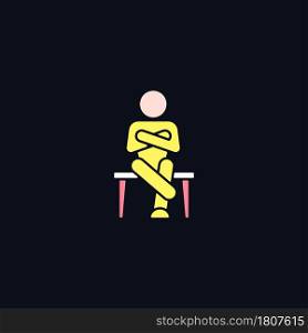 Closed body language RGB color icon for dark theme. Crossed legs, arms. Nonverbal communication. Isolated vector illustration on night mode background. Simple filled line drawing on black. Closed body language RGB color icon for dark theme