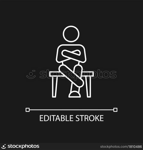 Closed body language white linear icon for dark theme. Crossed legs, arms. Showing discomfort. Thin line customizable illustration. Isolated vector contour symbol for night mode. Editable stroke. Closed body language white linear icon for dark theme