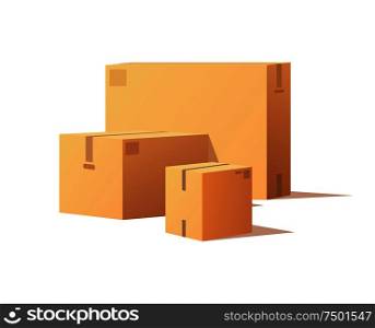 Closed boxes mockups, post containers for goods delivery and storage, packaging design. Parcel with adhesive tape 3D isometric icons vector isolated. Closed Boxes Mockups, Post Containers for Delivery