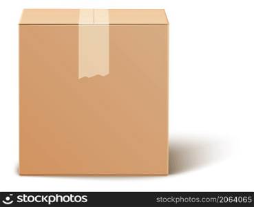 Closed cargo box. Sealed cardboard package. Carton realistic mockup isolated on white background. Closed cargo box. Sealed cardboard package. Carton realistic mockup