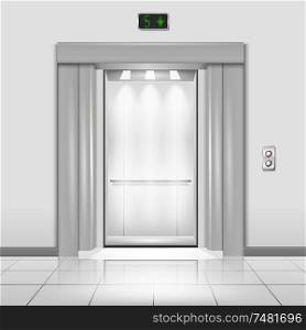 Closed chrome metal office building elevator doors with rays of light in the cab realistic vector illustration