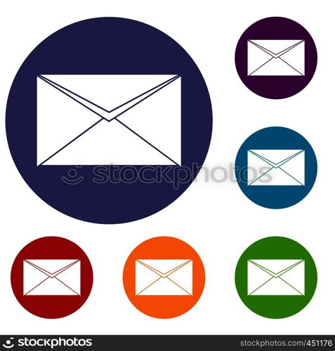 Closed envelope icons set in flat circle reb, blue and green color for web. Closed envelope icons set