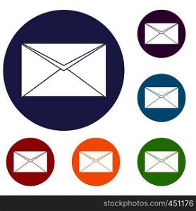 Closed envelope icons set in flat circle reb, blue and green color for web. Closed envelope icons set