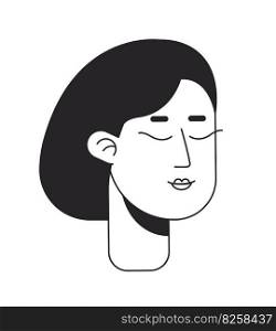 Closed eyes woman in peaceful mood flat line monochromatic vector character head. Praying, meditating. Editable outline avatar icon. 2D cartoon line spot illustration for web graphic design, animation. Closed eyes woman in peaceful mood flat line monochromatic vector character head