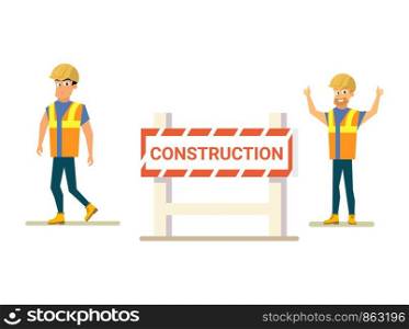 Closed for Construction Flat Vector Concept with Happy Smiling Builders, Construction Site Workers Characters in Uniform and Helmets and Red Warning Road Sign Illustration Isolated on White Background
