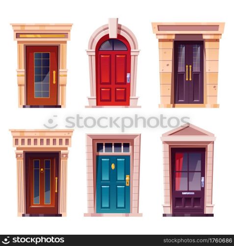 Closed front doors with stone frame for building facade. Vector cartoon set of house entrance, red, brown and blue wooden doors with knobs and windows isolated on white background. House front doors with stone frame