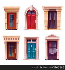 Closed front doors with stone frame for building facade. Vector cartoon set of house entrance, red, brown and blue wooden doors with knobs and windows isolated on white background. House front doors with stone frame