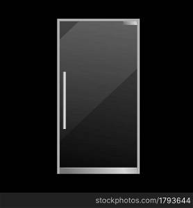 Closed glass door realistic. Exterior element. Transparent glossy material, silver metallic knob, office or boutique, shop or mall front view object. Vector isolated on black background illustration. Closed glass door realistic. Exterior element. Transparent glossy material, silver metallic knob, office or boutique front view object. Vector isolated on black background illustration