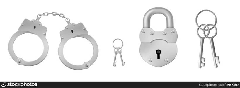 Closed handcuffs and padlock with keys. Concept of police arrest, jail custody. Vector realistic set of metal handcuffs for crime or gang, lock for prison and keys isolated on white background. Metal handcuffs and padlock with keys