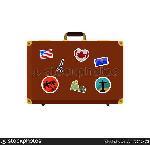 Closed leather vintage suitcase with decorative memories depicting flag of Canada, Brazil sightseeings, symbol of Paris and USA, Italy and tropical countries. Closed Leather Vintage Suitcase Decorative Memory