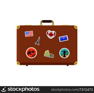 Closed leather vintage suitcase with decorative memories depicting flag of Canada, Brazil sightseeings, symbol of Paris and USA, Italy and tropical countries. Closed Leather Vintage Suitcase Decorative Memory