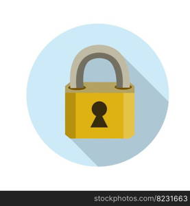 Closed lock. Keyhole. Metal object. Protection and security. The element doors. Block and unlock. Cartoon flat illustration in blue circle. Icon for app. Closed lock. Keyhole. Metal object.