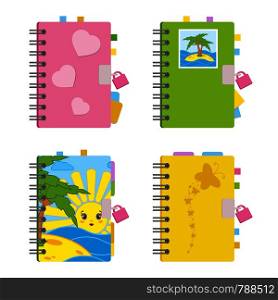 Closed notebook, personal diary on a spiral with bookmarks and paper for notes. A set of four options with bright covers. With a lock. Colorful flat vector illustration isolated on white background. Closed notebook, personal diary on a spiral with bookmarks and paper for notes. A set of four options with bright covers. With a lock. Colorful flat vector illustration isolated on white background.
