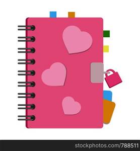 Closed notebook, personal diary on a spiral with bookmarks and paper for notes between pages. With a bright cover. With a small lock. Colorful flat vector illustration isolated on white background. Closed notebook, personal diary on a spiral with bookmarks and paper for notes between pages. With a bright cover. With a small lock. Colorful flat vector illustration isolated on white background.
