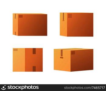 Closed parcel icons from side, back and front view vector isolated. Rectangular packages box mockups, 3D isometric signs. Shipping storage for goods shopping. Closed Parcel Icons from Side, Back and Front view