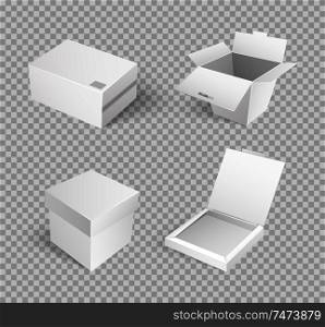 Closed parcel icons set vector on transparent. Rectangular package box mockup 3D isometric sign. Cargo for shopping, shipping merchandise for storage goods. Closed Parcel Icons Vector Rectangular Package Box