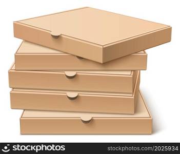 Closed pizza packs. Blank cardboard box in stack. Realistic mockup isolated on white background. Closed pizza packs. Blank cardboard box in stack. Realistic mockup