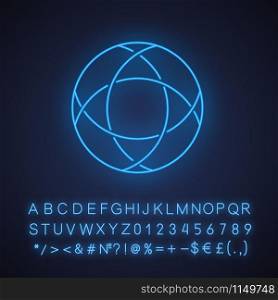 Closed polygonal curve neon light icon. Geometric figure. Circle crossed with curves. Abstract shape. Isometric form. Glowing sign with alphabet, numbers and symbols. Vector isolated illustration