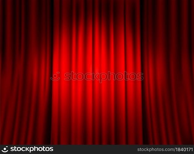 Closed red curtain. Spotlight round spot on red velvet veil background, drama theater, velours textile drape stage decor for culture presentation and entertainment vector background. Closed red curtain. Spotlight round spot on red velvet veil background, drama theater, velours textile drape stage decor. Vector background
