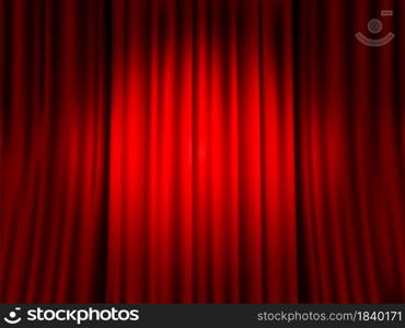 Closed red curtain. Spotlight round spot on red velvet veil background, drama theater, velours textile drape stage decor for culture presentation and entertainment vector background. Closed red curtain. Spotlight round spot on red velvet veil background, drama theater, velours textile drape stage decor. Vector background