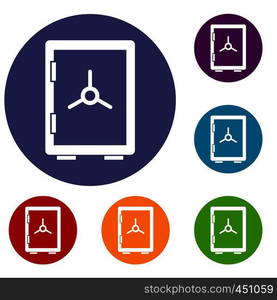 Closed safe icons set in flat circle reb, blue and green color for web. Closed safe icons set