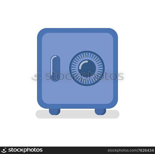 Closed safe isolated metal box with secure cod for money storage. Vector steel metallic container with savings, lock and password on strongbox in flat style. Flat cartoon. Closed Safe Isolated Metal Box with Secure Cod