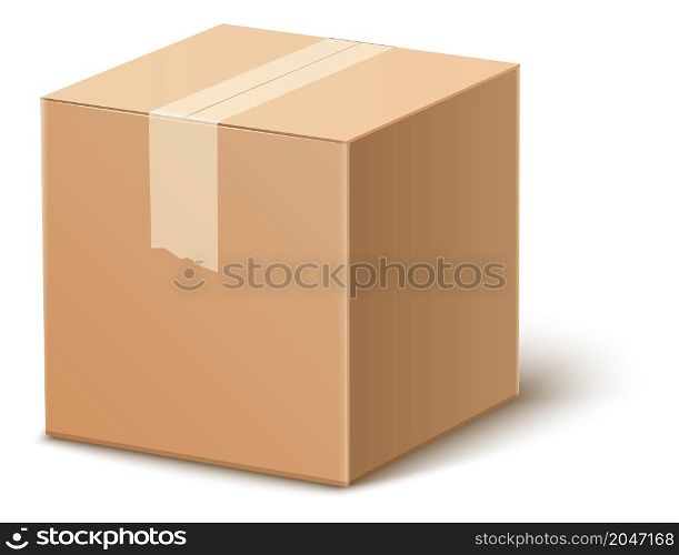 Closed shipping box. Cargo parcel. Cardboard package mockup isolated on white background. Closed shipping box. Cargo parcel. Cardboard package mockup