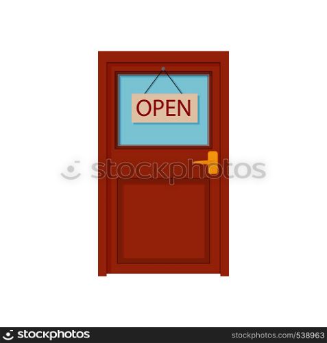 Closed sign board hanging on the door icon in cartoon style on a white background. Closed sign board hanging on the door icon