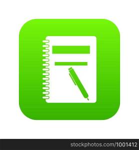 Closed spiral notebook and pen icon digital green for any design isolated on white vector illustration. Closed spiral notebook and pen icon digital green