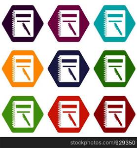 Closed spiral notebook and pen icon set many color hexahedron isolated on white vector illustration. Closed spiral notebook and pen icon set color hexahedron