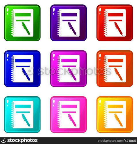 Closed spiral notebook and pen icons of 9 color set isolated vector illustration. Closed spiral notebook and pen icons 9 set