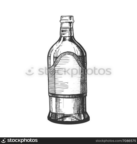 Closed Tall Classic Mexican Tequila Bottle Vector. Retro Glass Bottle With Blank Label For Traditional Alcohol Drink Produced In Mexico. Made From Blue Agave Plant Liquid Package Cartoon Illustration. Closed Tall Classic Mexican Tequila Bottle Vector