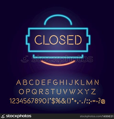 Closed vector neon light board sign illustration. Store, retail place commercial signboard design with alphabet, numbers and symbols. Closing time announcement banner with outer glowing effect. Closed vector neon light board sign illustration