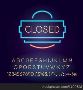 Closed vector neon light board sign illustration. Store, retail place commercial signboard design with alphabet, numbers and symbols. Closing time announcement banner with outer glowing effect. Closed vector neon light board sign illustration