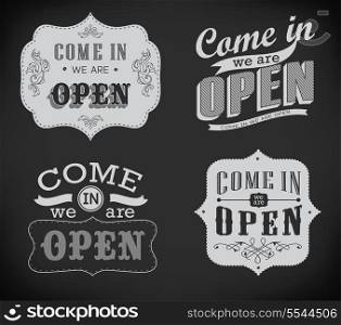 Closed Vintage retro signs/ typography design drawing with chalk on blackboard