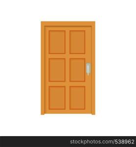 Closed wooden door icon in cartoon style on a white background. Closed wooden door icon, cartoon style