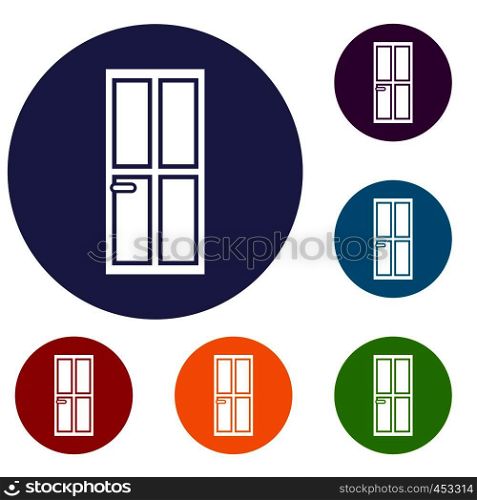 Closed wooden door icons set in flat circle reb, blue and green color for web. Closed wooden door icons set