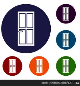 Closed wooden door icons set in flat circle reb, blue and green color for web. Closed wooden door icons set