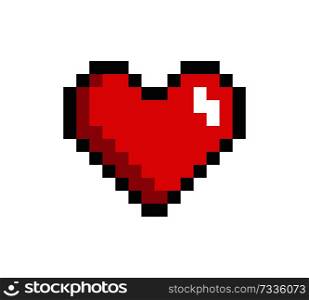 Closeup heart, pixel icon, vector illustration isolated on white background, cute red pixel logo with black frame, abstract reflection, digital image. Closeup Heart, Pixel Icon, Vector Illustration
